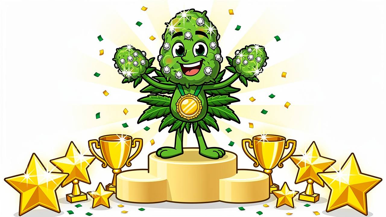 Cartoon gold medal cannabis plant celebrating premium quality