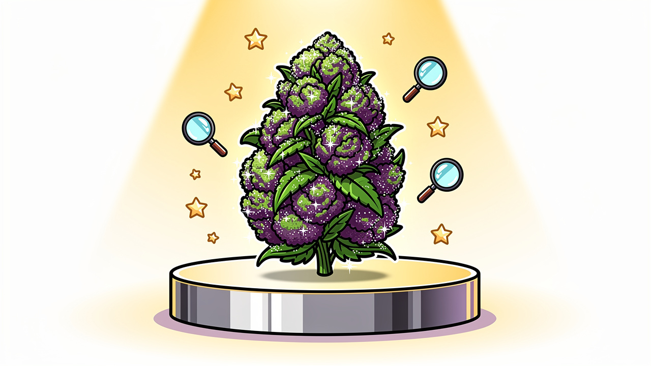 Cartoon illustration of premium AAAA cannabis flower on pedestal