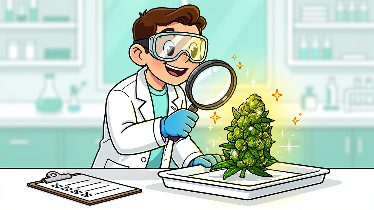 Cartoon scientist inspecting premium AAAA cannabis bud quality