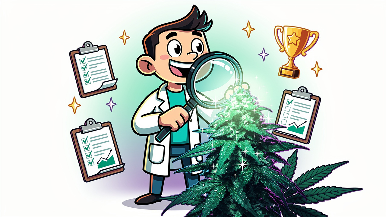 Cartoon showing AAAA plus grade cannabis quality assurance check