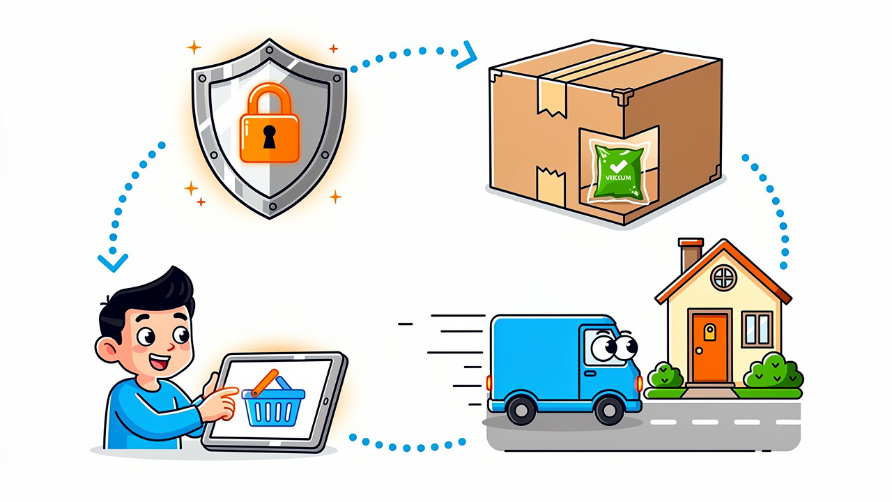 Cartoon showing BudBuddies discreet delivery process steps