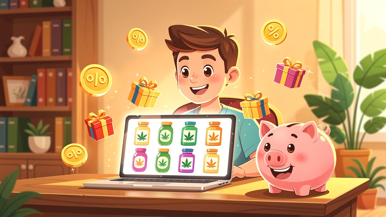 Customer saving money on cannabis order with loyalty rewards cartoon