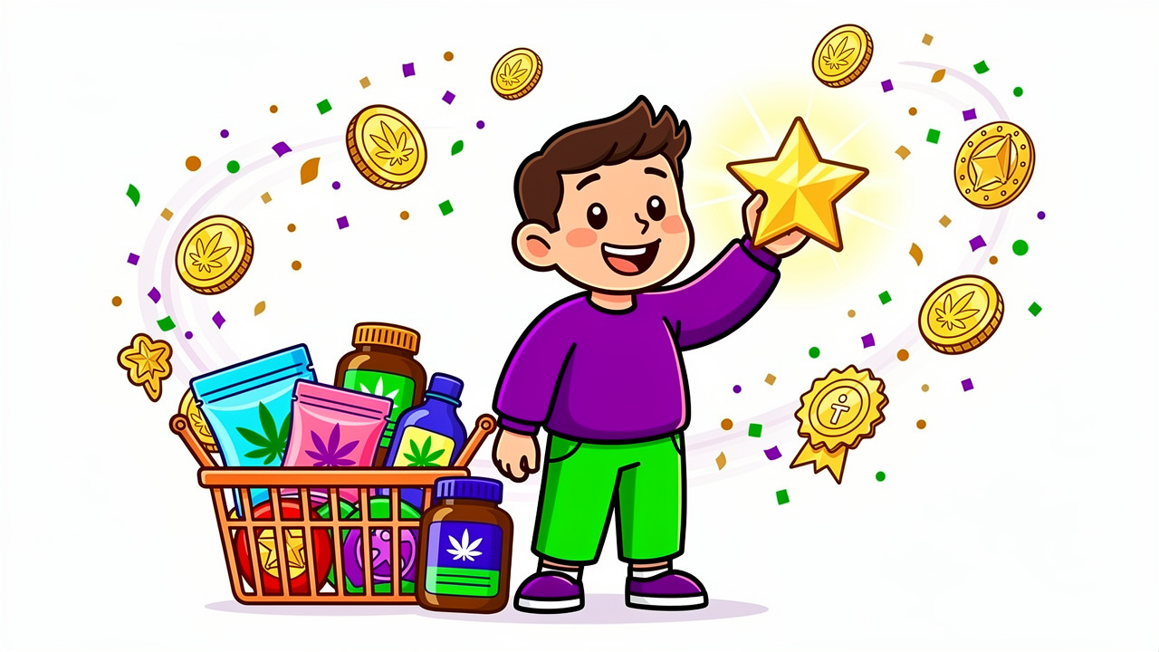 Cartoon character celebrating cannabis delivery loyalty rewards