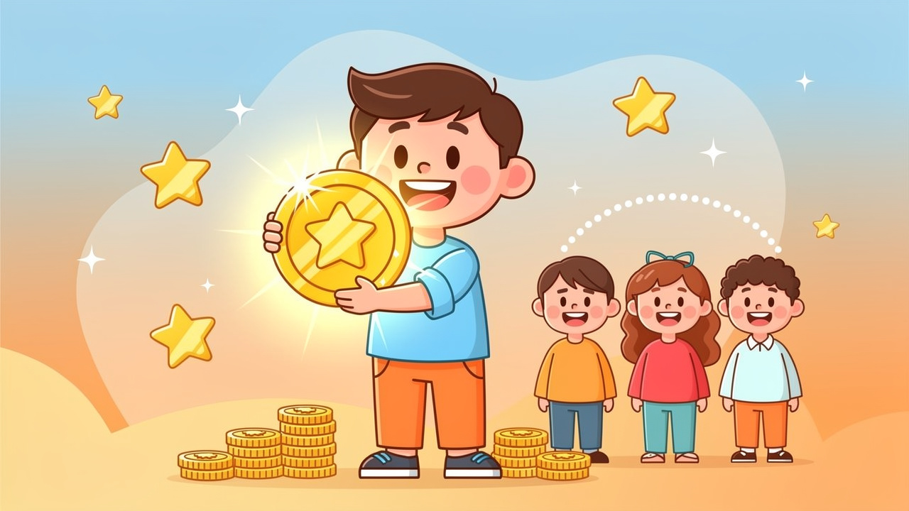 Cartoon character earning golden reward points and referral bonuses