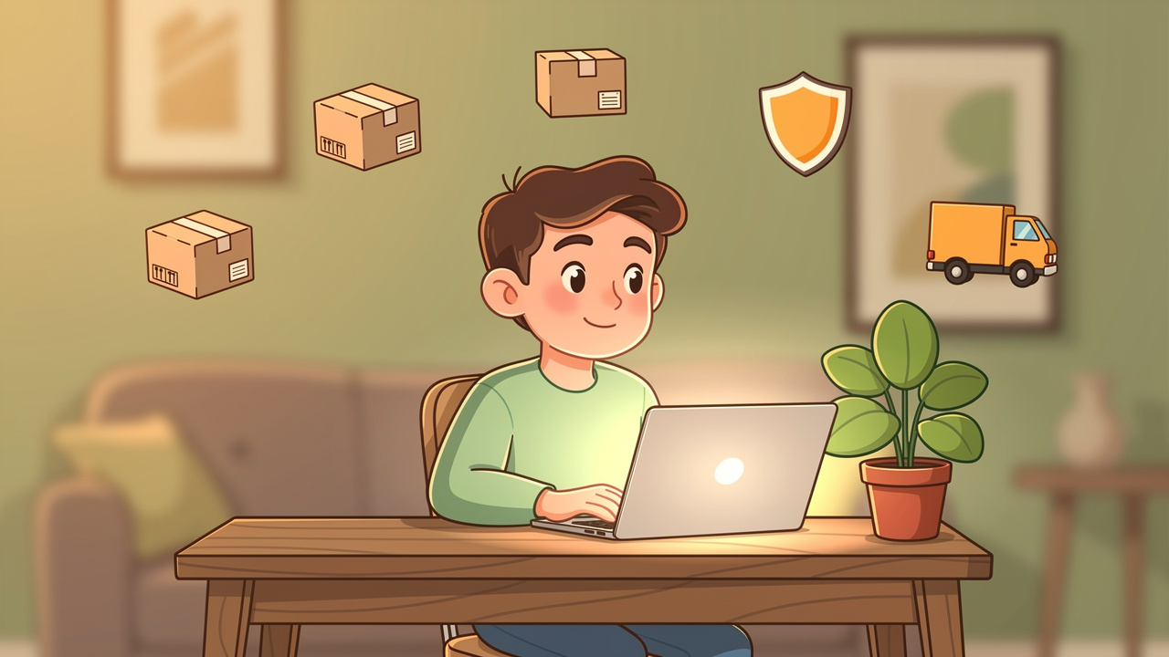 Cartoon person ordering medical cannabis online with discreet UK delivery