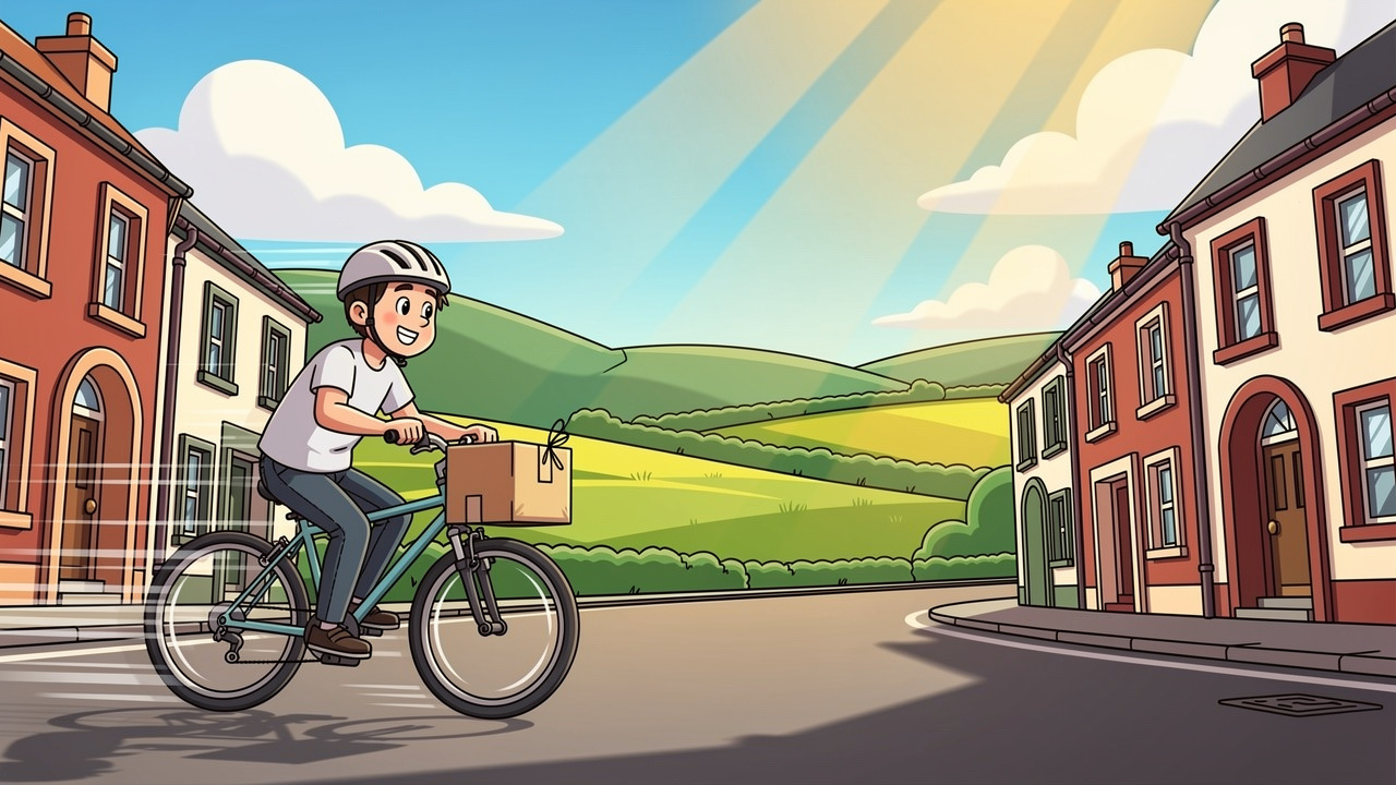 Cartoon courier delivering a plain parcel quickly through Portadown streets