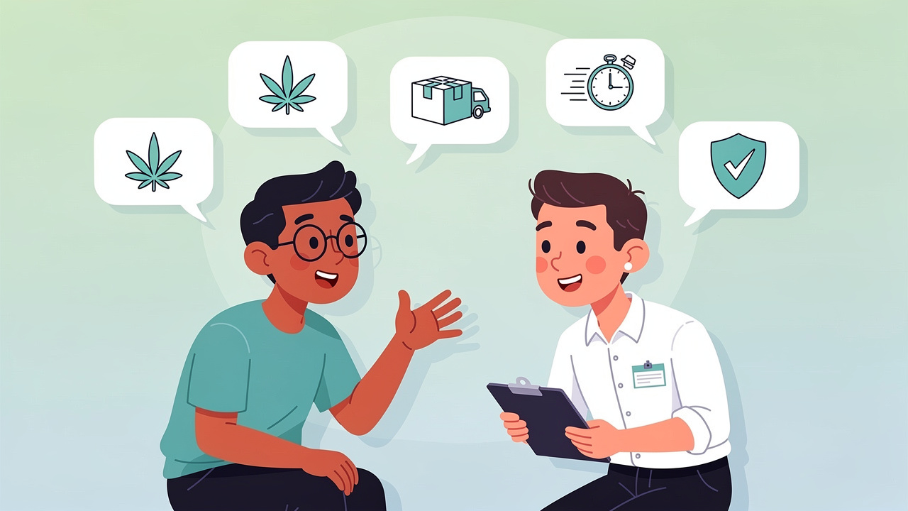 Cartoon customer support FAQ for cannabis delivery Ballymoney