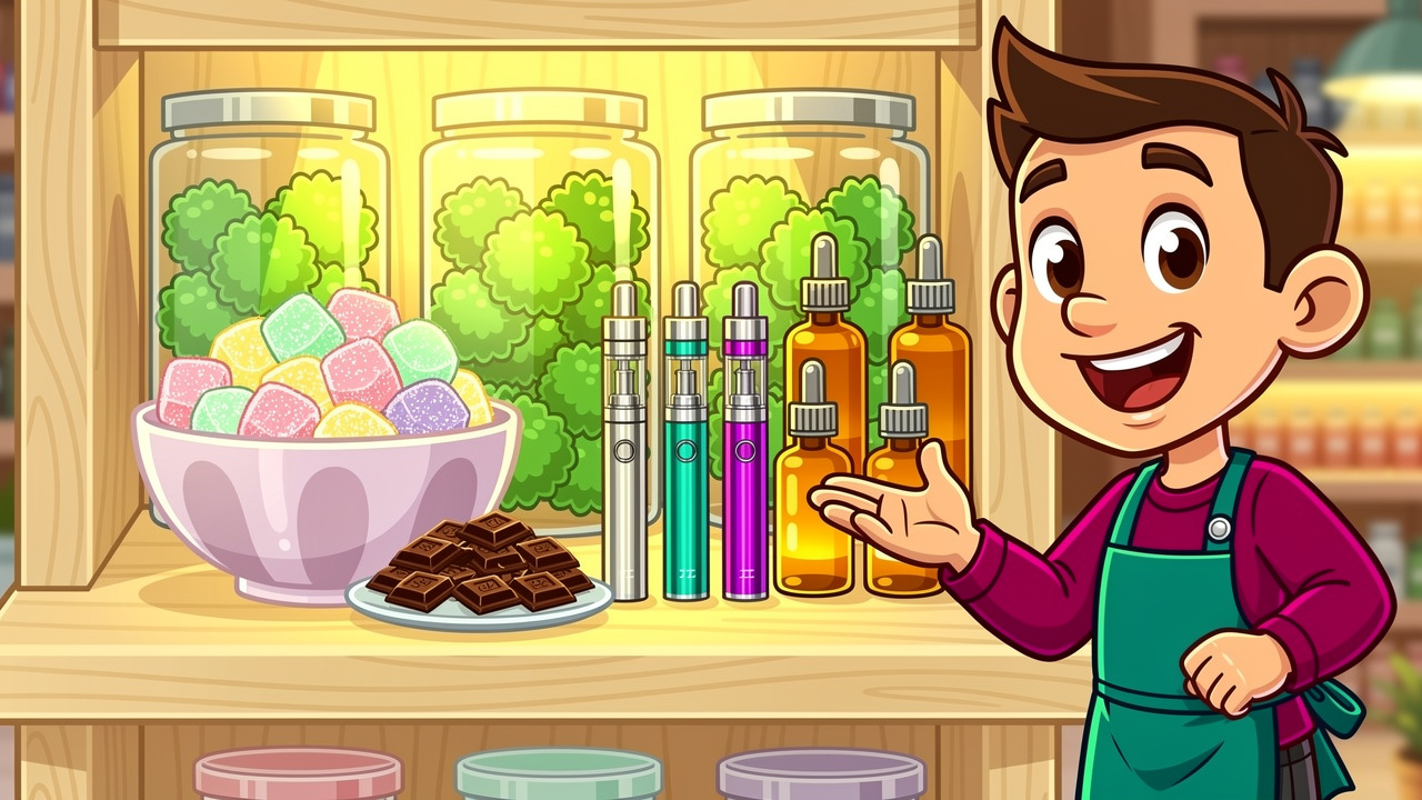 Cartoon display of cannabis flower, edibles, vapes and CBD products