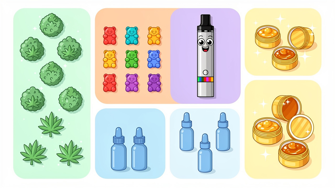 Cartoon cannabis products menu including flower edibles and vapes