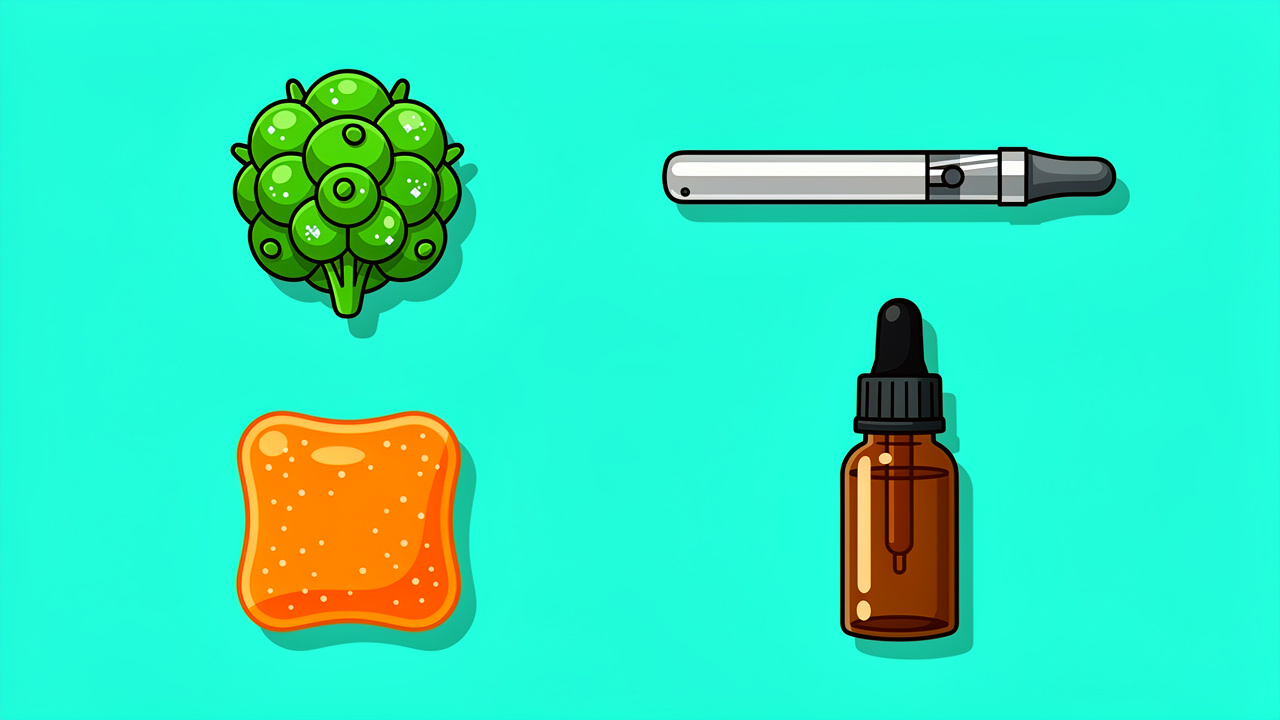 Cartoon cannabis products including flower vape edibles and CBD oil