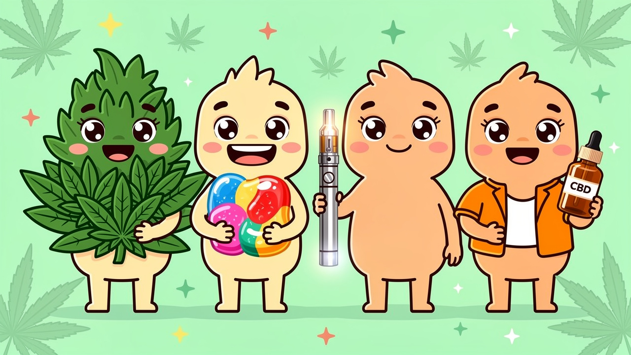 Cartoon guide to cannabis flower edibles vapes CBD products