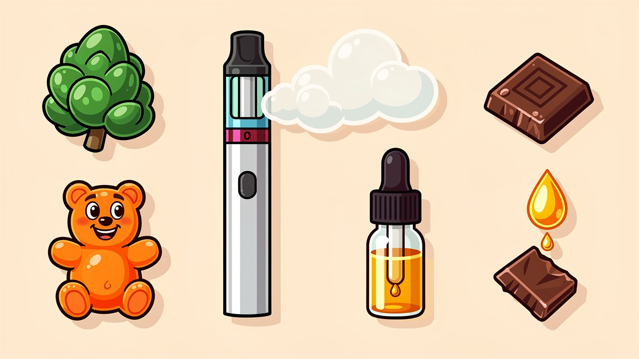 Cartoon assortment of cannabis flower edibles vapes and CBD products