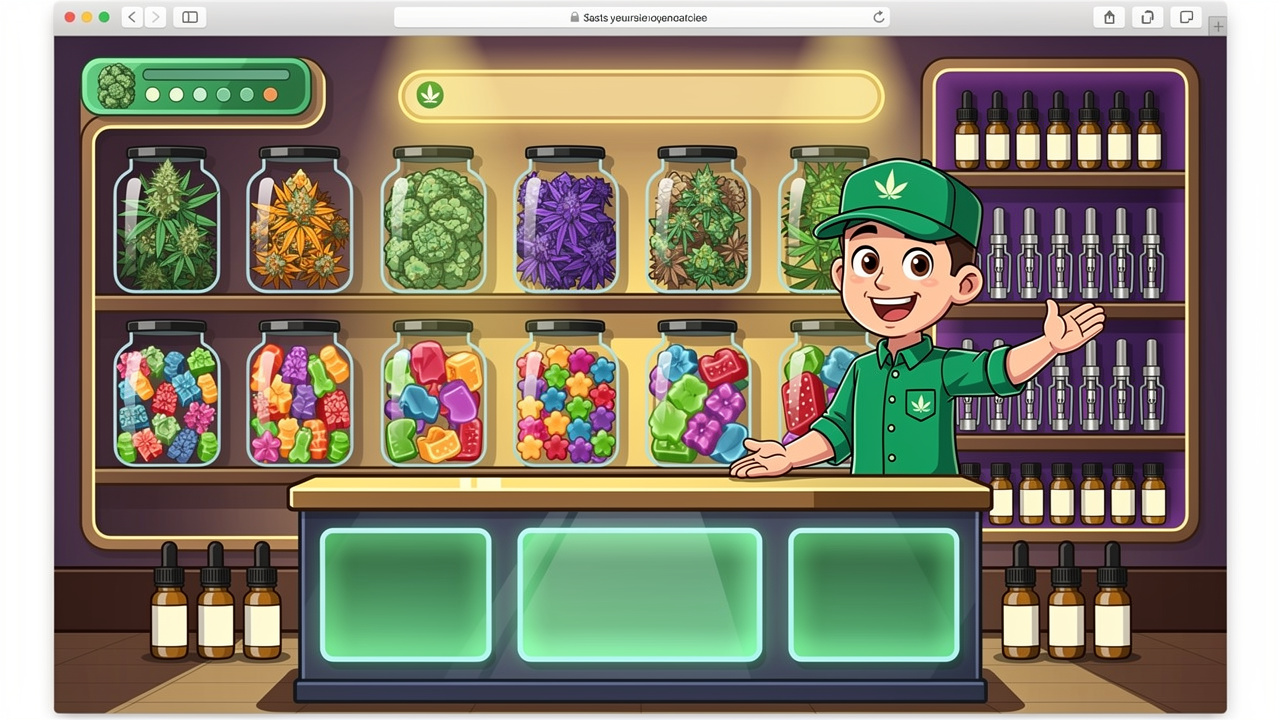 Cartoon dispensary showing varied cannabis products on shelves
