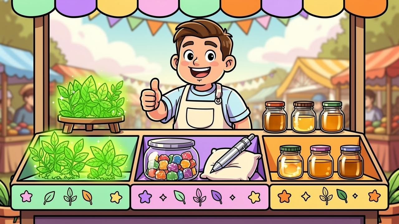 Cartoon display of cannabis flower edibles vapes and concentrates range