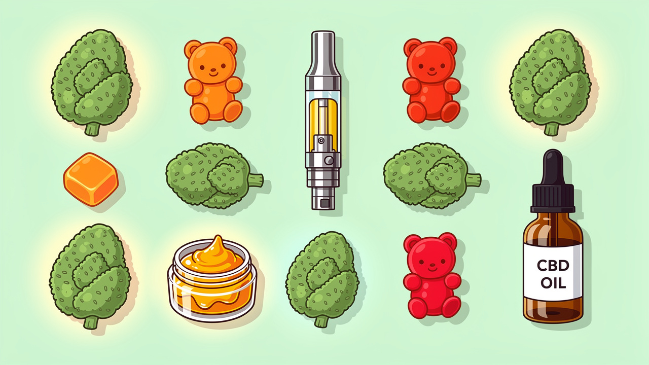 Cartoon display of cannabis flower edibles vapes and CBD range