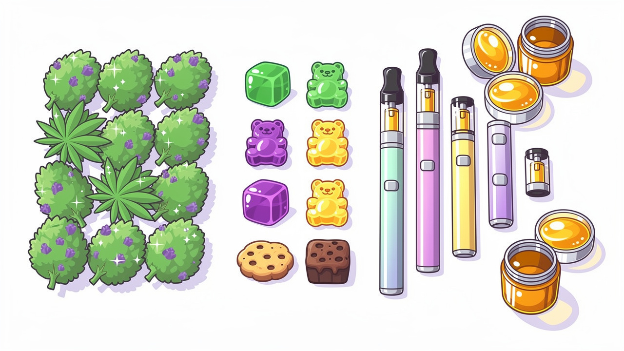 Cartoon display of cannabis flower edibles vapes and concentrates