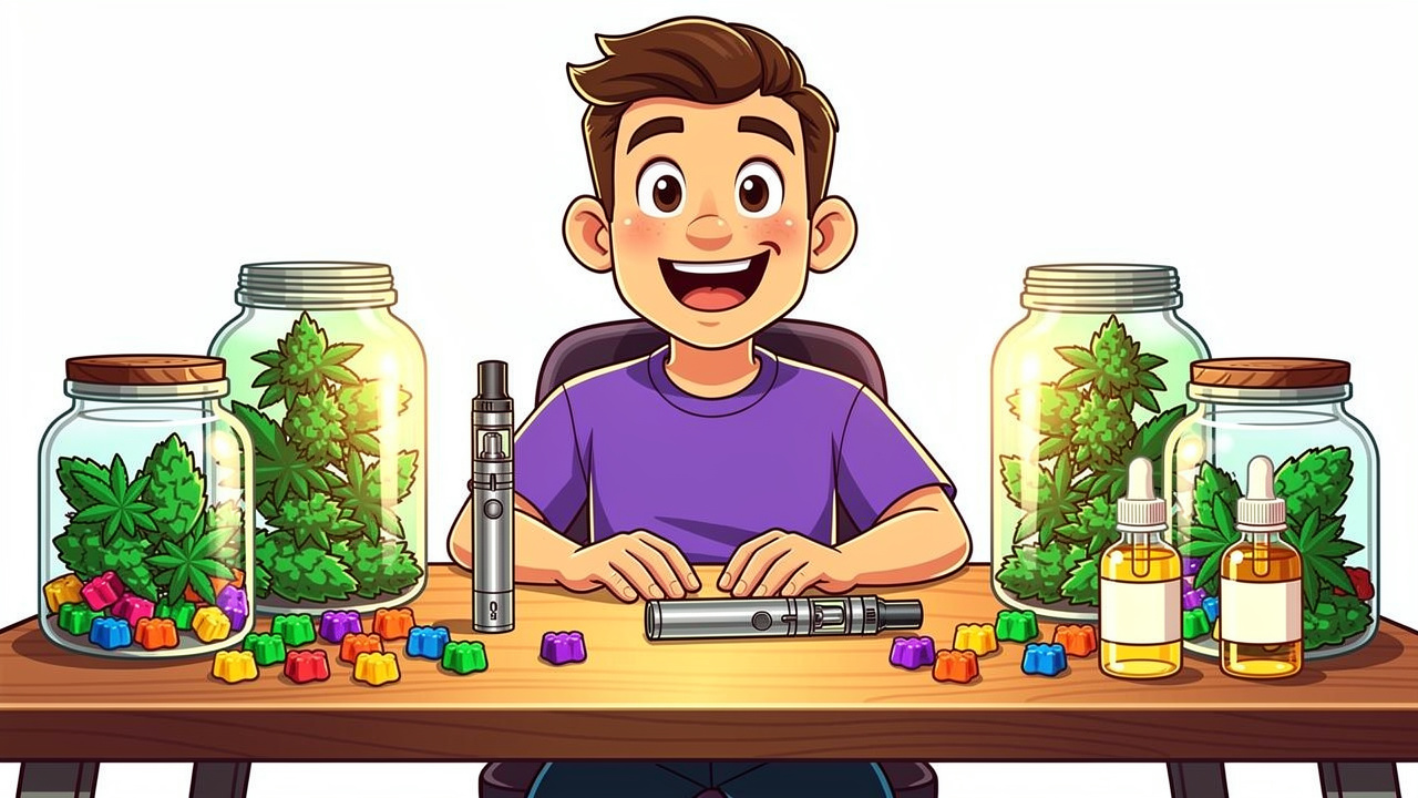 Cartoon display of cannabis flower, edibles, vapes and CBD products
