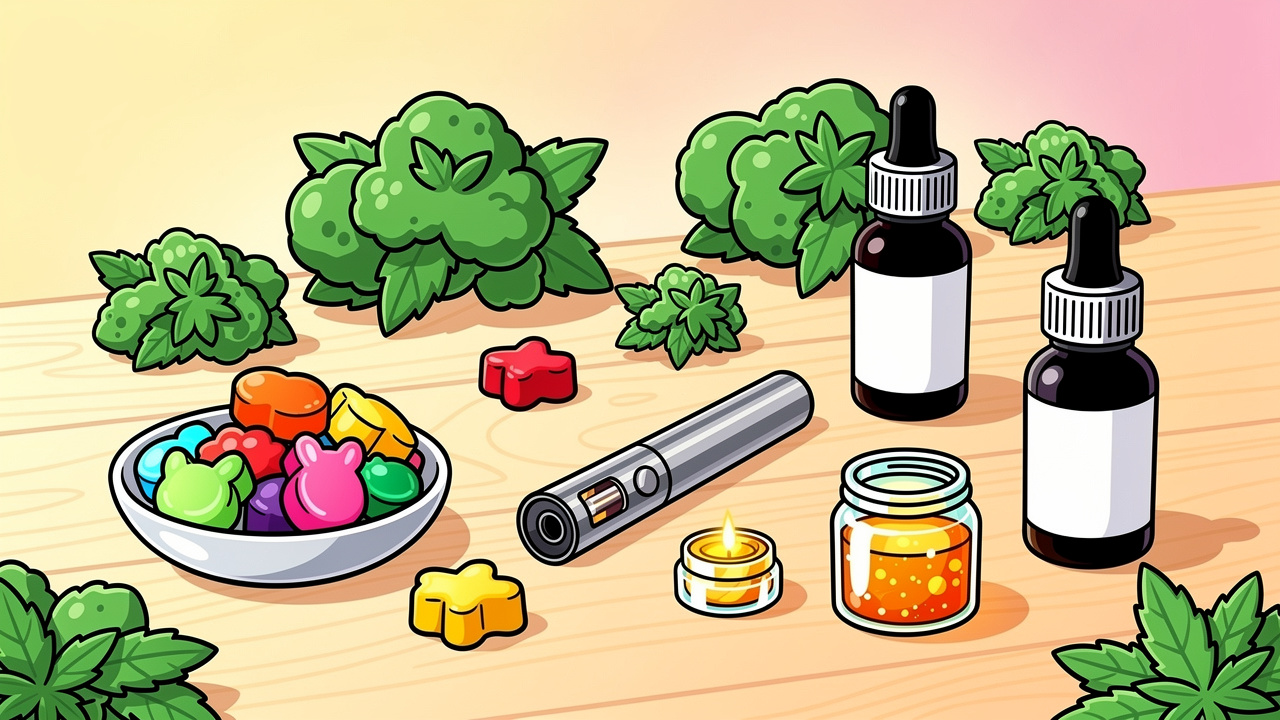 Colourful cartoon display of cannabis flowers, edibles, and vapes