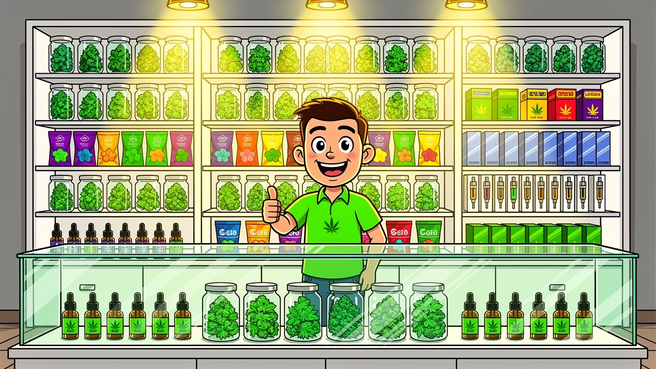 Cartoon cannabis shop with flower jars, edibles, vapes and CBD