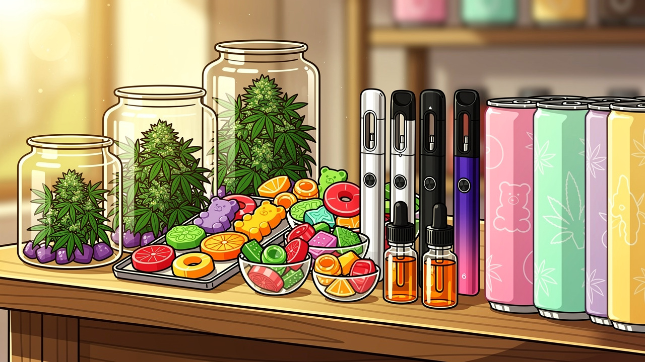 Cartoon display of cannabis flower edibles vapes and CBD oils