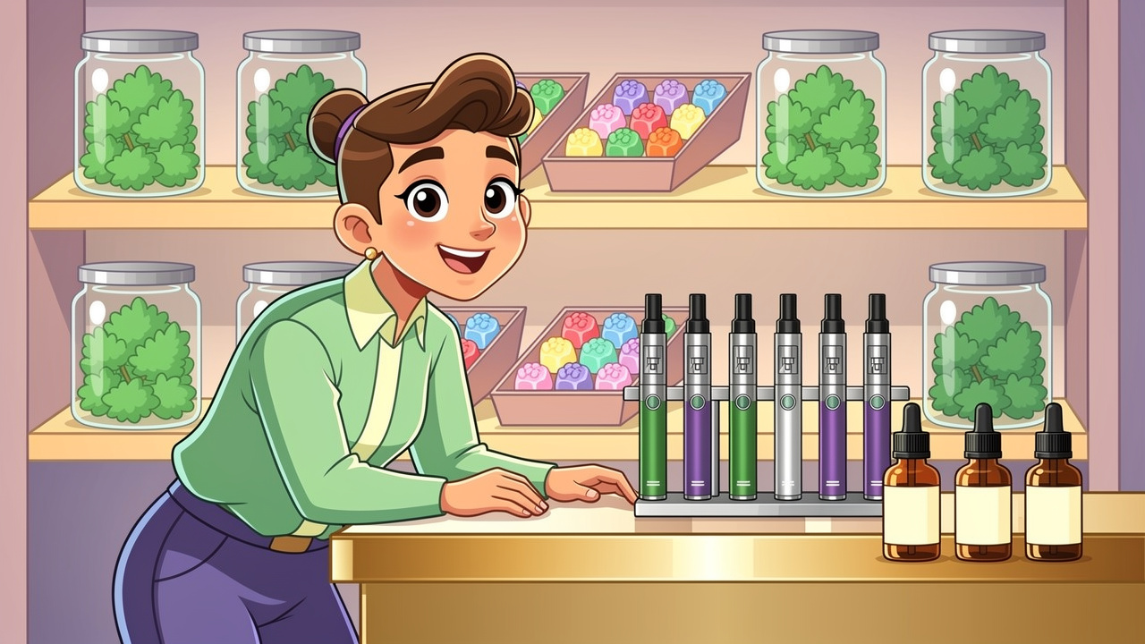 Cartoon dispensary counter with cannabis products displayed