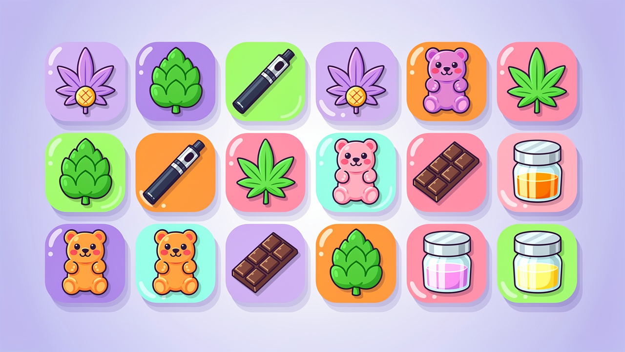 Cartoon grid showing full cannabis product range including flower vapes edibles