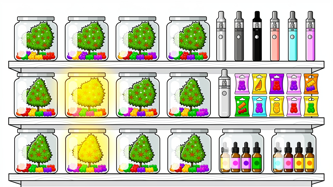 Cartoon cannabis product range including flower, edibles, and vapes
