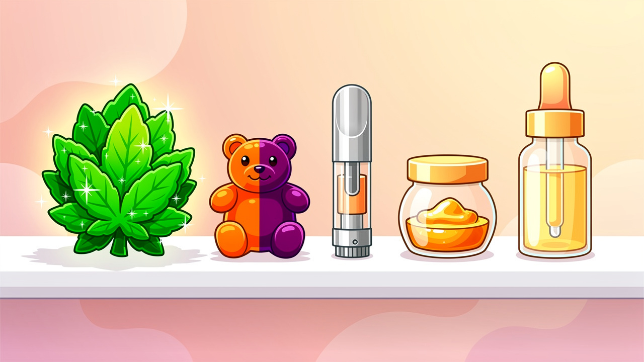 Cartoon cannabis products including flower, edibles, vapes and CBD items