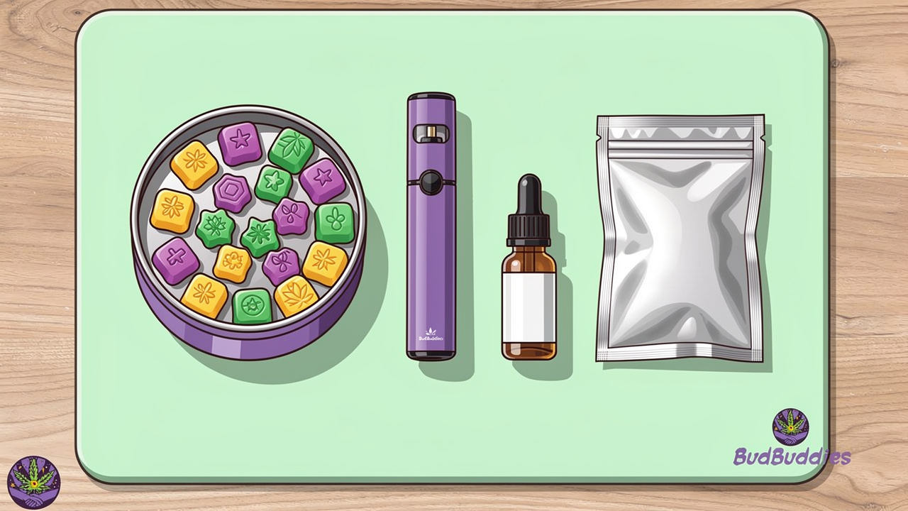 Cartoon assortment of cannabis formats including gummies vape and oil
