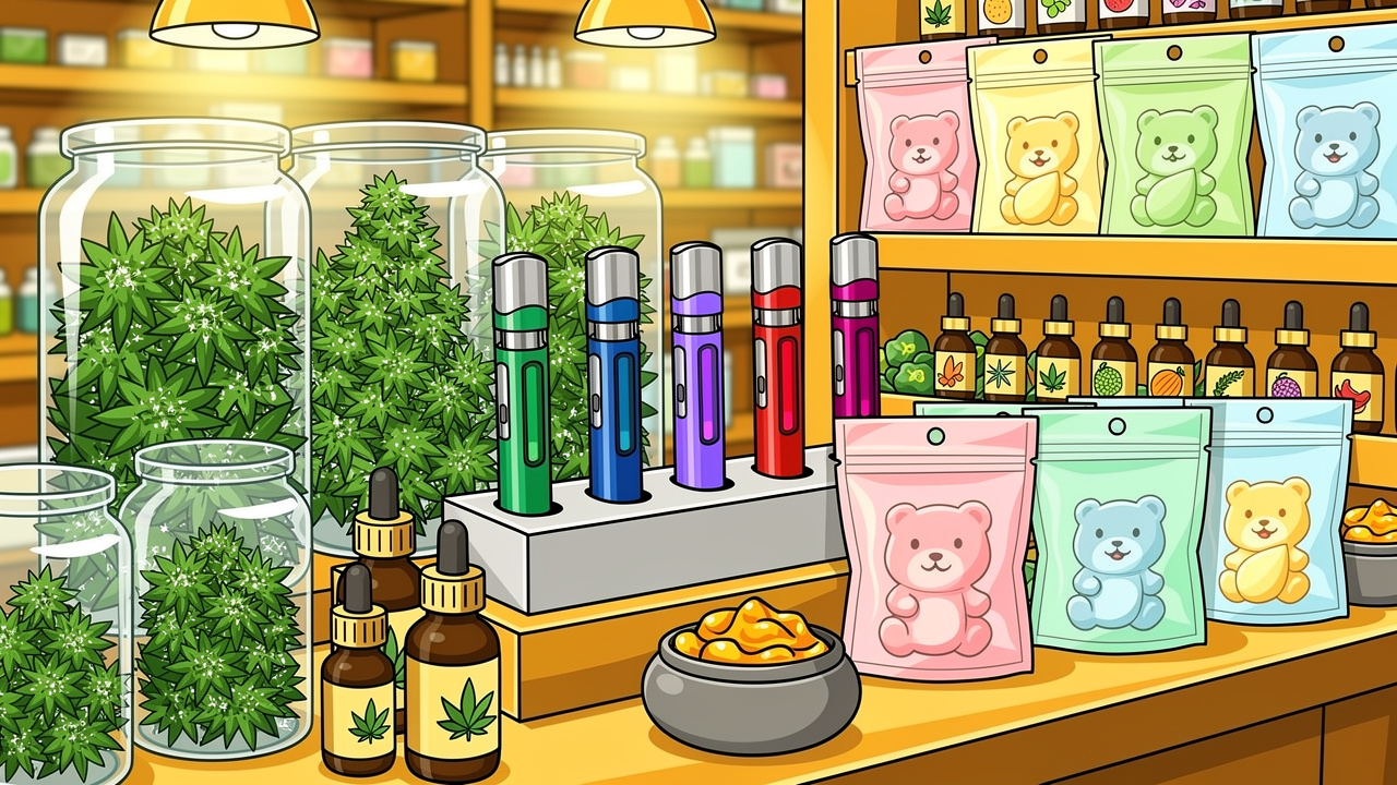 Colourful cartoon display of BudBuddies cannabis flower vapes and edibles