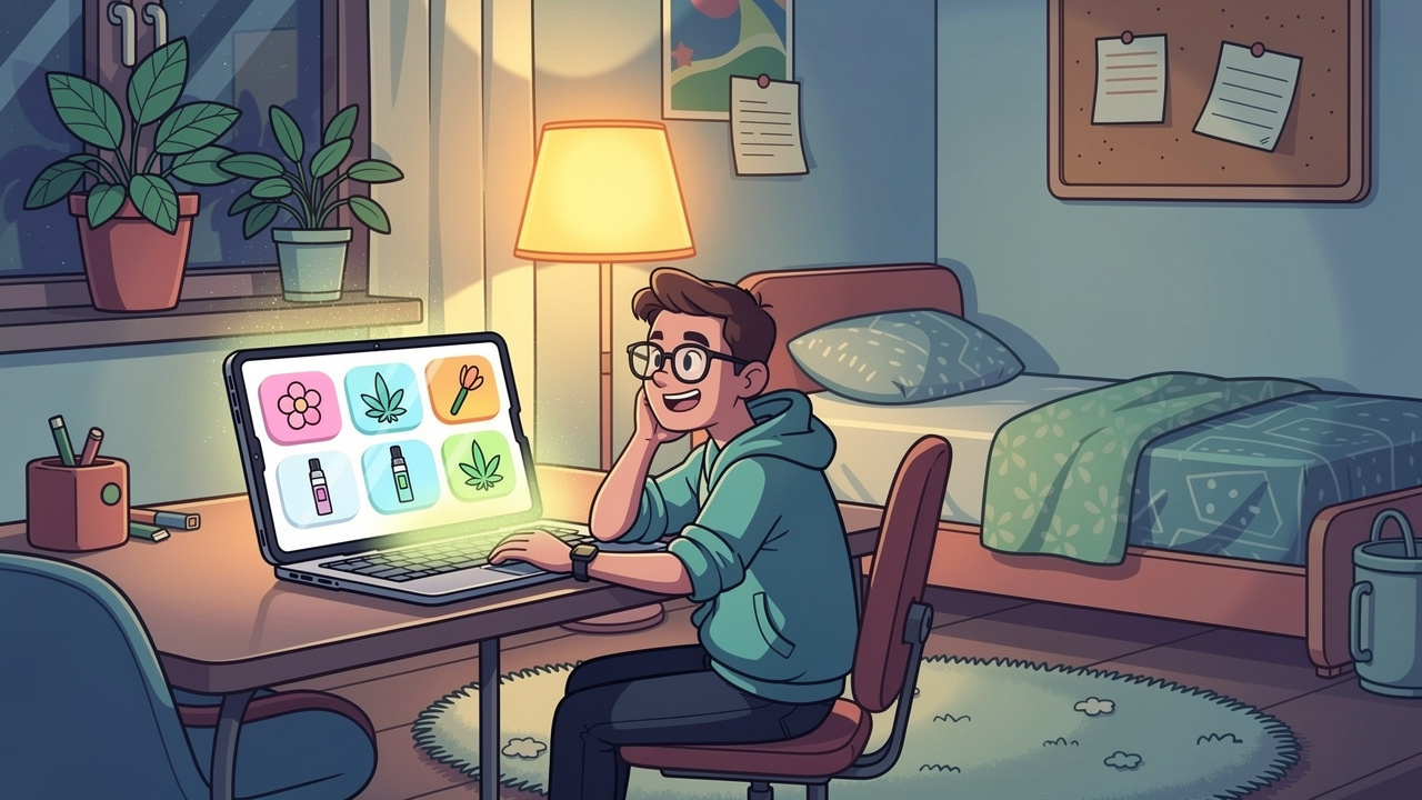 Cartoon student browsing trusted cannabis product information online