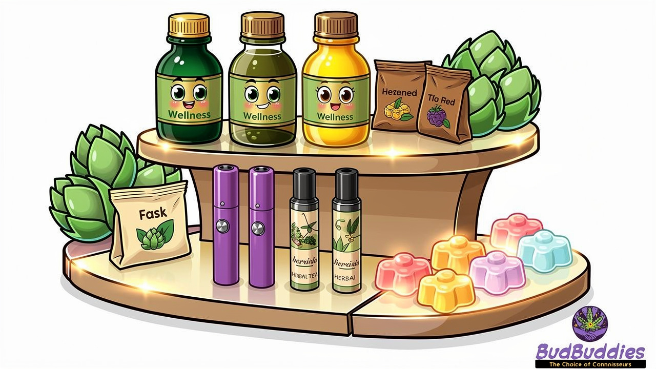 Colourful cartoon display of CBD and THC products available without prescription