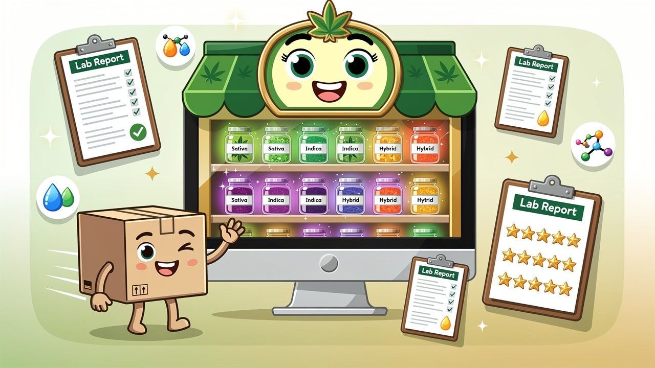 Cartoon cannabis shop with lab-tested strains and delivery