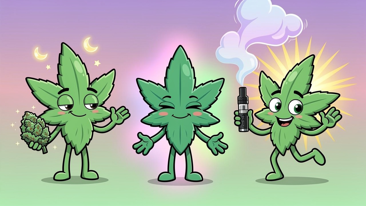 Cartoon cannabis characters representing indica sativa and hybrid strains