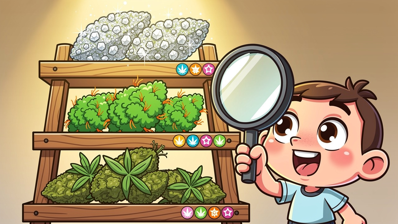 Cartoon character inspecting three tiers of premium cannabis flower