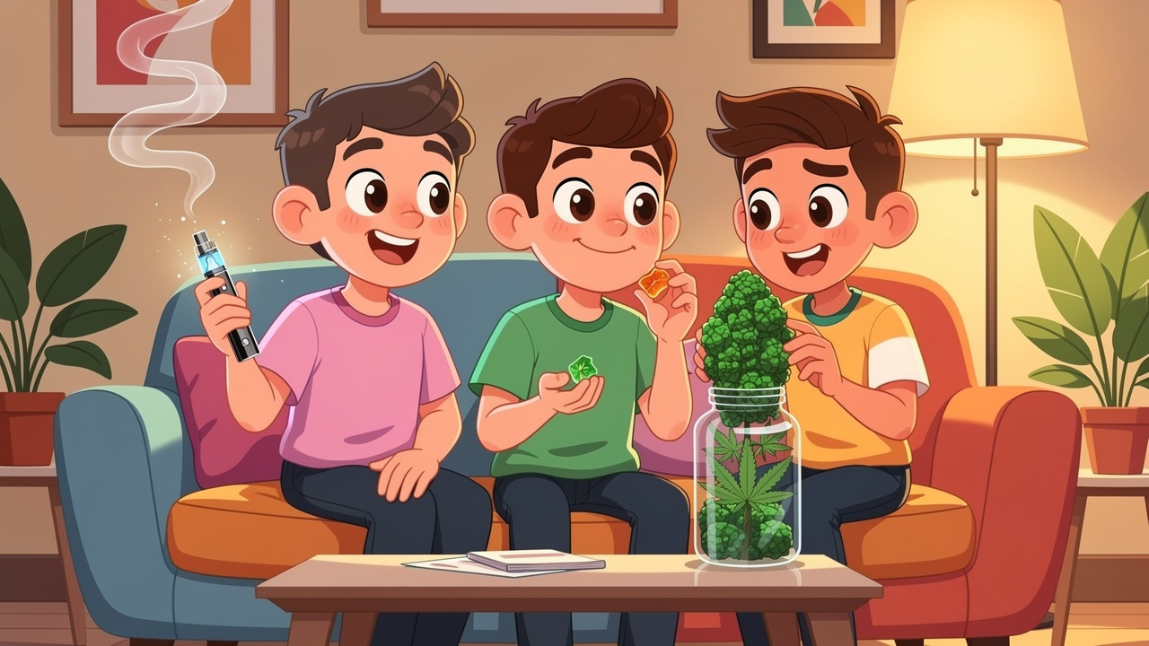 Cartoon characters comparing cannabis flower vape and edible formats
