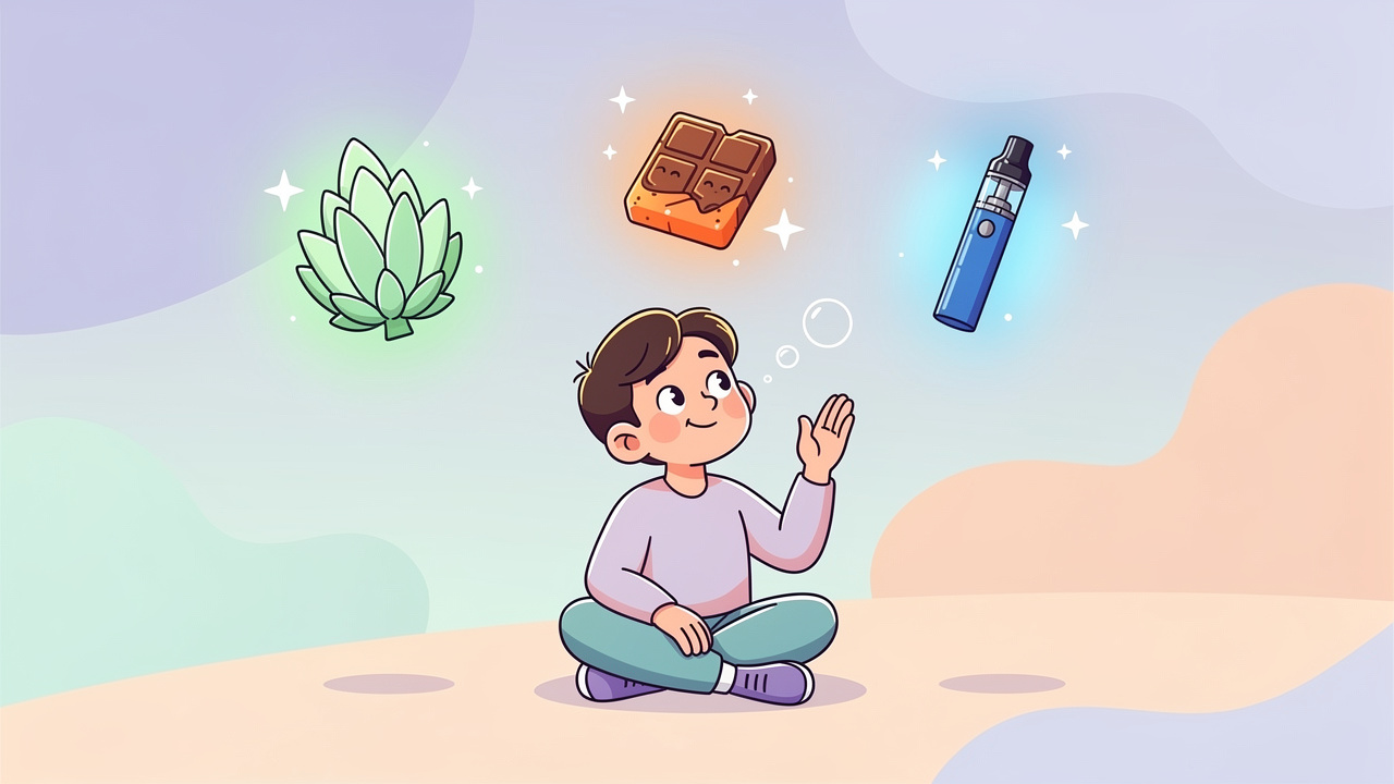 Cartoon character thoughtfully choosing between cannabis product formats
