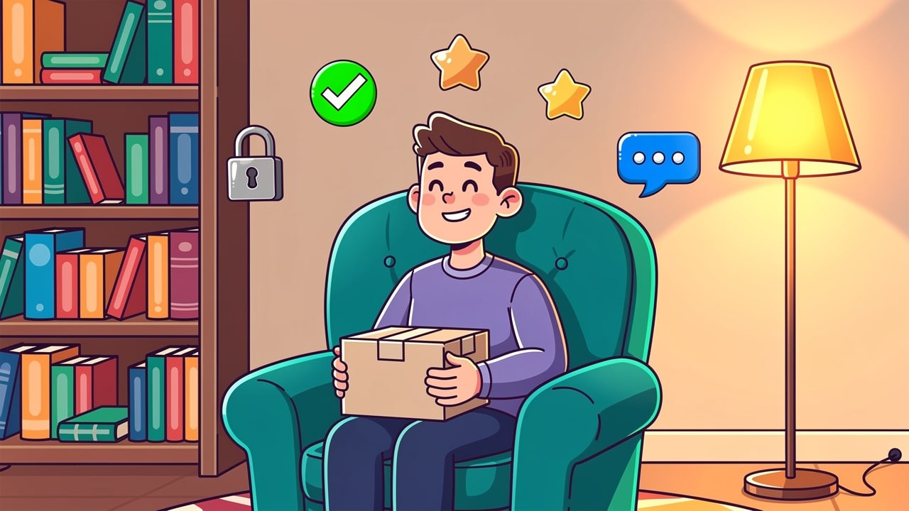 Satisfied cartoon customer receiving quality cannabis delivery at home