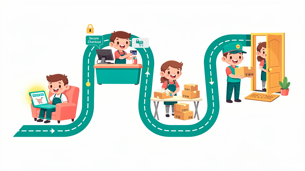 Cartoon illustration showing cannabis delivery order process steps