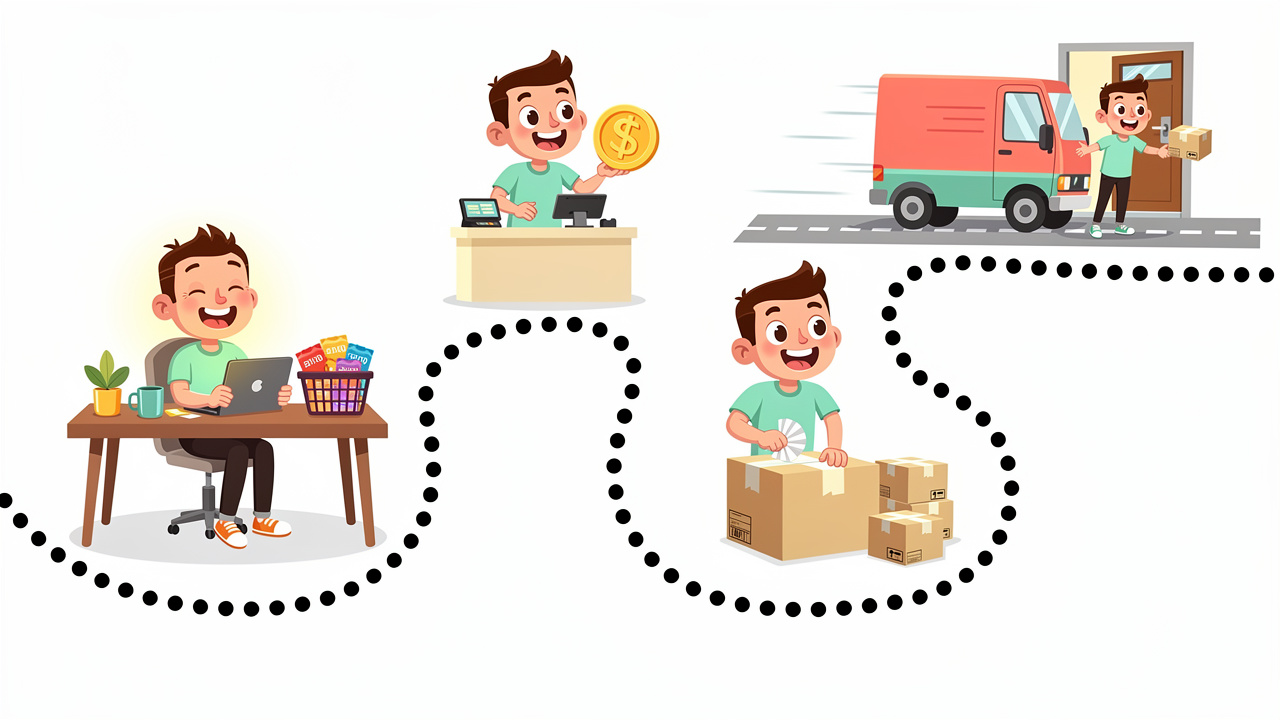 Cartoon step-by-step weed delivery journey from browse to door
