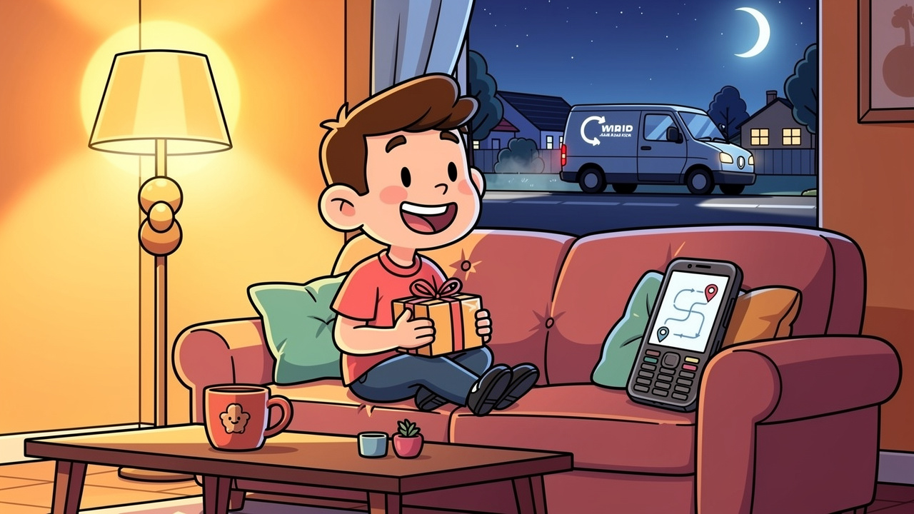 Cartoon character tracking cannabis delivery from cosy home