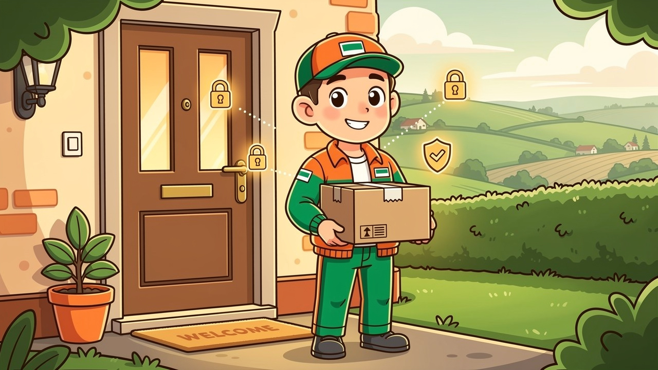 Friendly cartoon courier delivering discreet cannabis parcel in Armagh