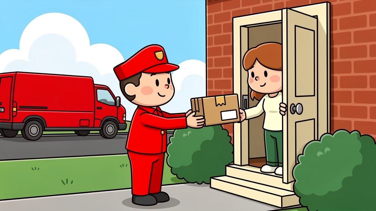 Cartoon postman delivering discreet plain parcel to happy customer