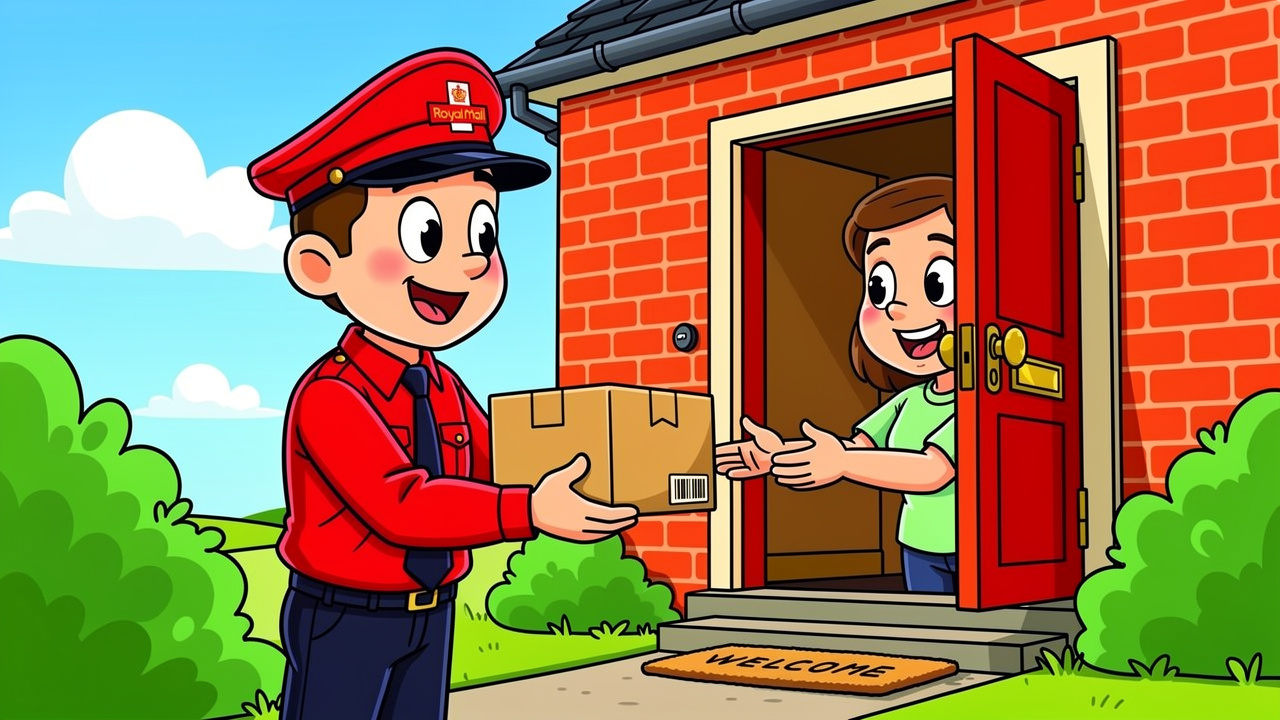 Cartoon discreet parcel delivery to happy Antrim customer