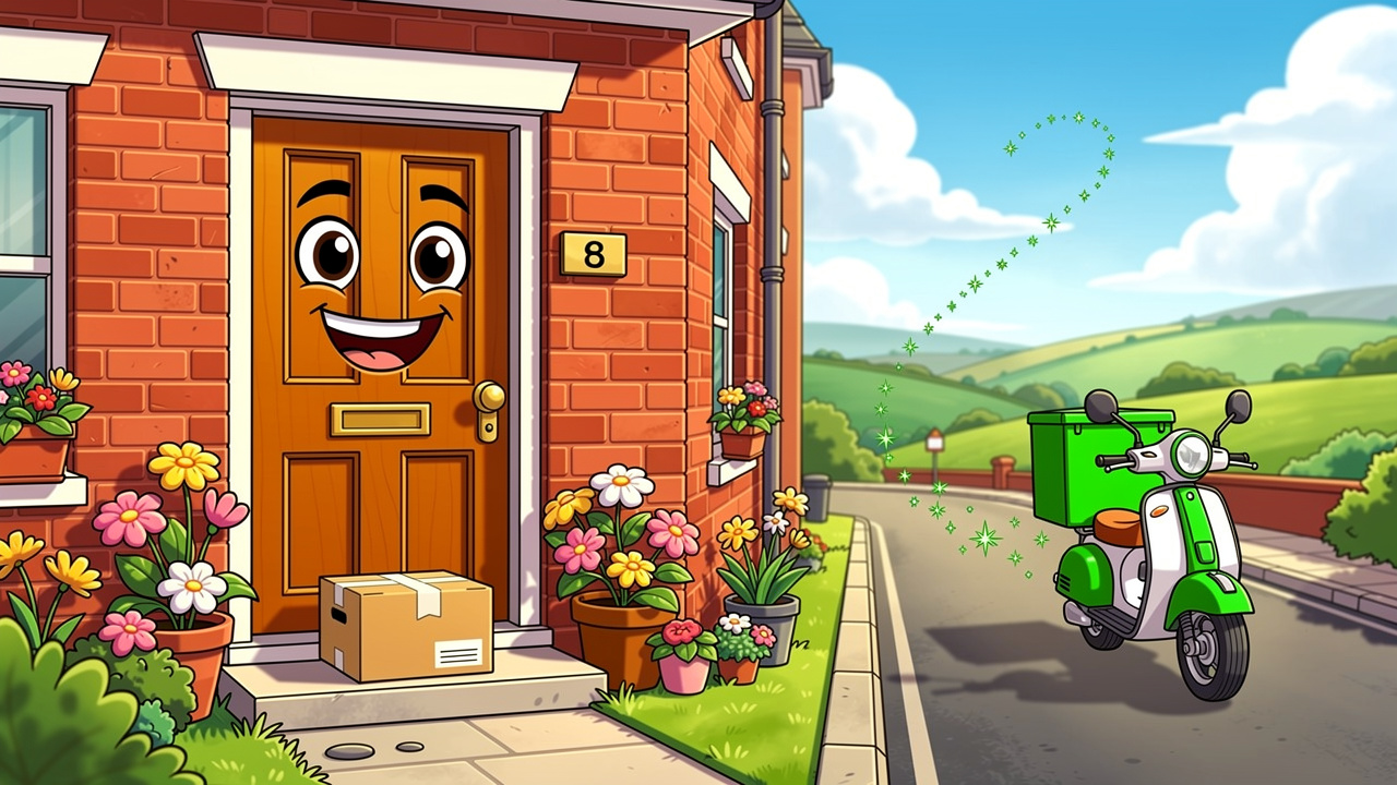 Cartoon doorstep delivery of discreet cannabis parcel in Banbridge