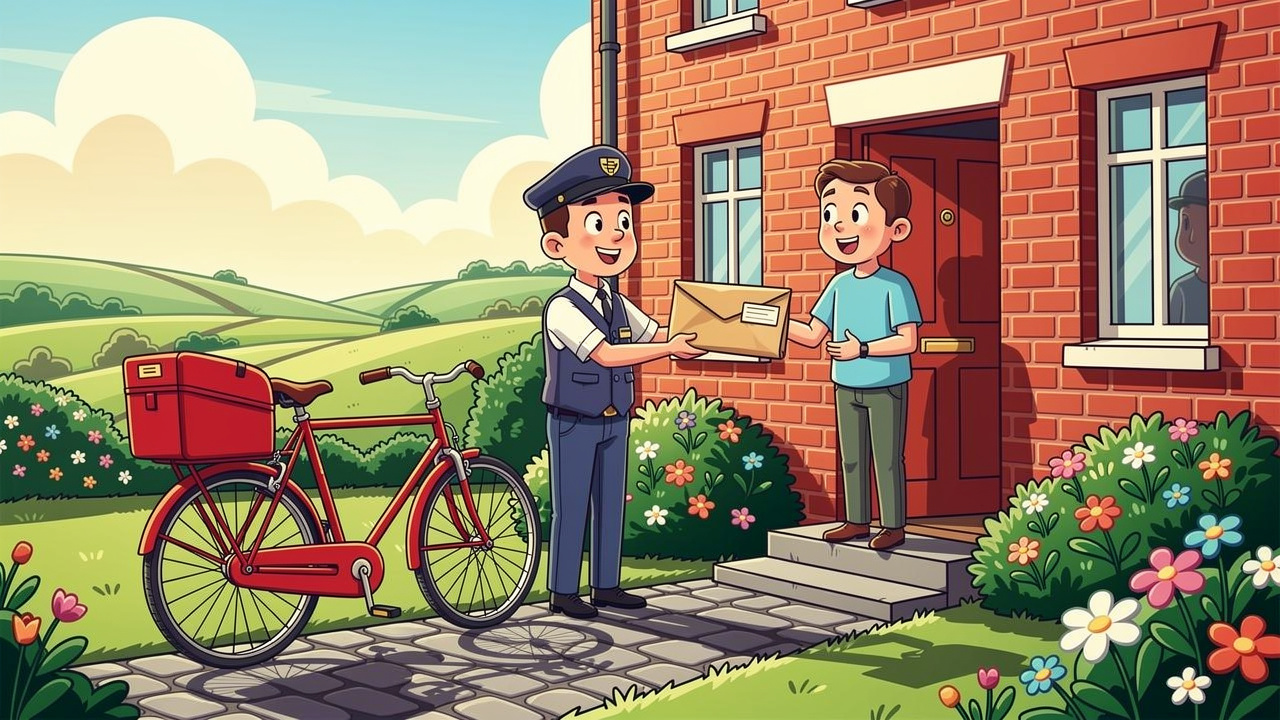 Cartoon postal worker delivering plain unmarked parcel to Banbridge home