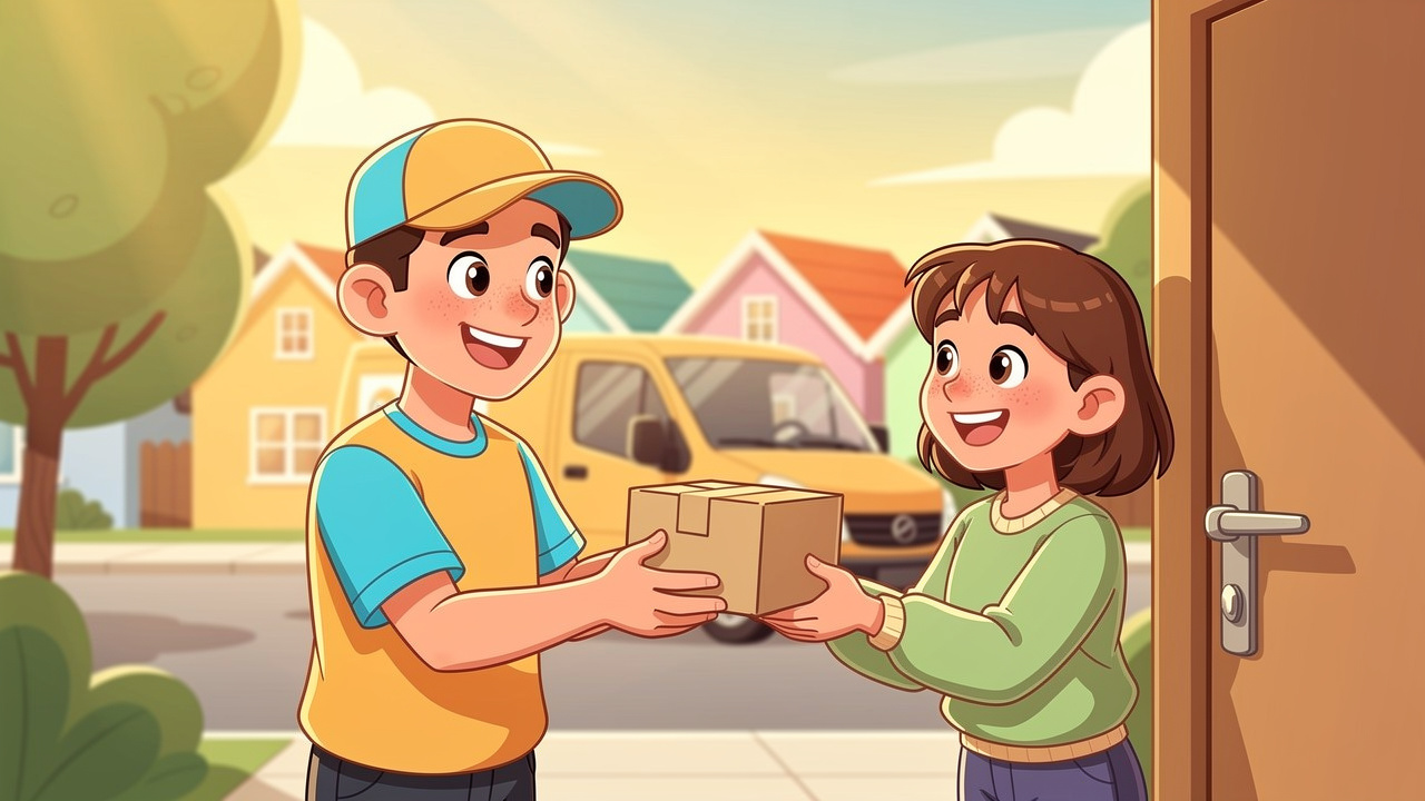 Cartoon courier handing discreet parcel to happy customer