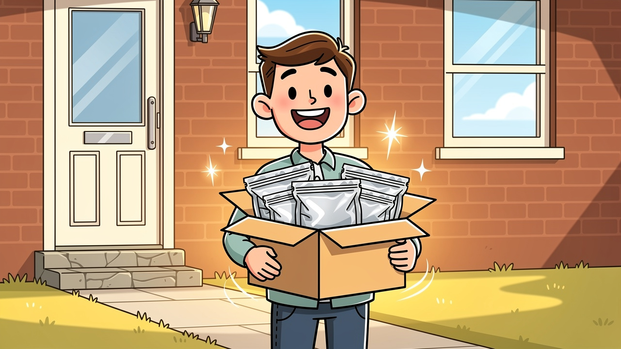 Happy cartoon customer receiving discreet cannabis delivery parcel