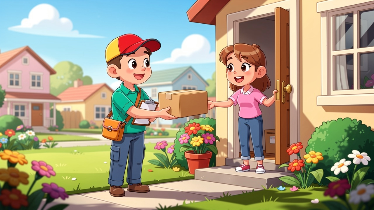 Cartoon delivery person handing plain parcel to smiling customer