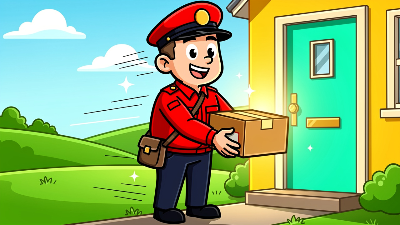 Friendly cartoon postman delivering plain parcel to Newtownabbey home